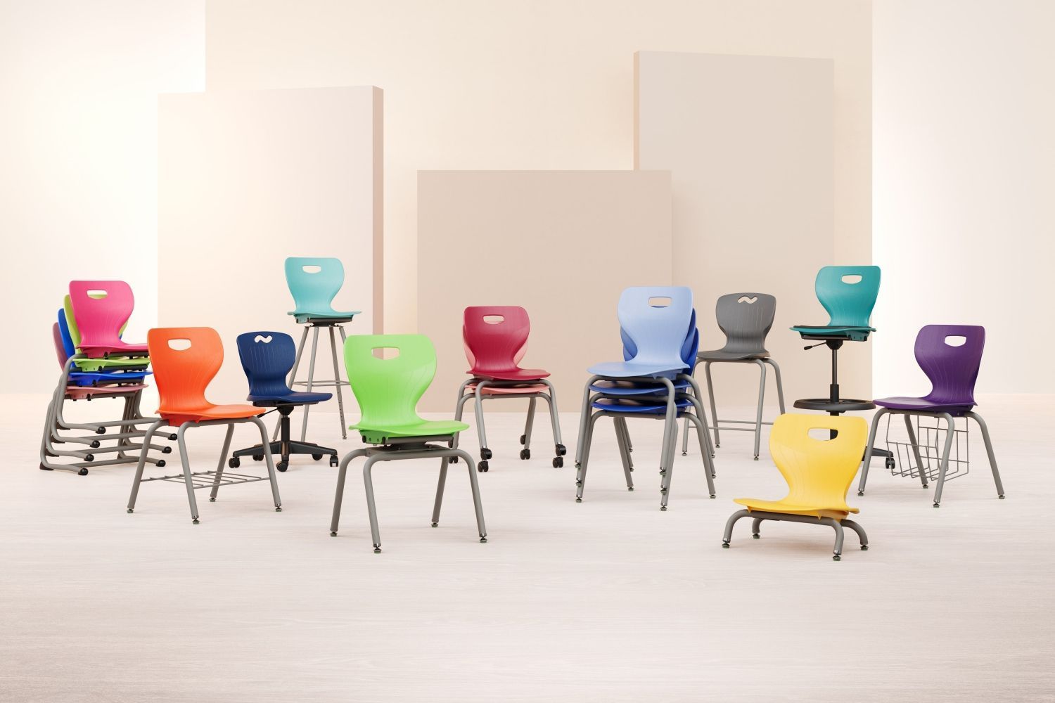 Rendering of classroom furniture 3D models with bright plastic chairs in varied heights, colors, and styles