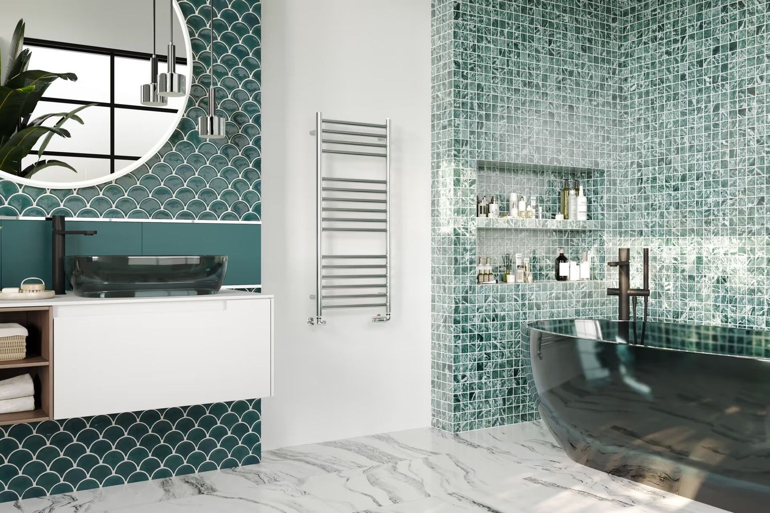 Product render showing a wall mounted towel radiator next to a vanity mirror and bathtub