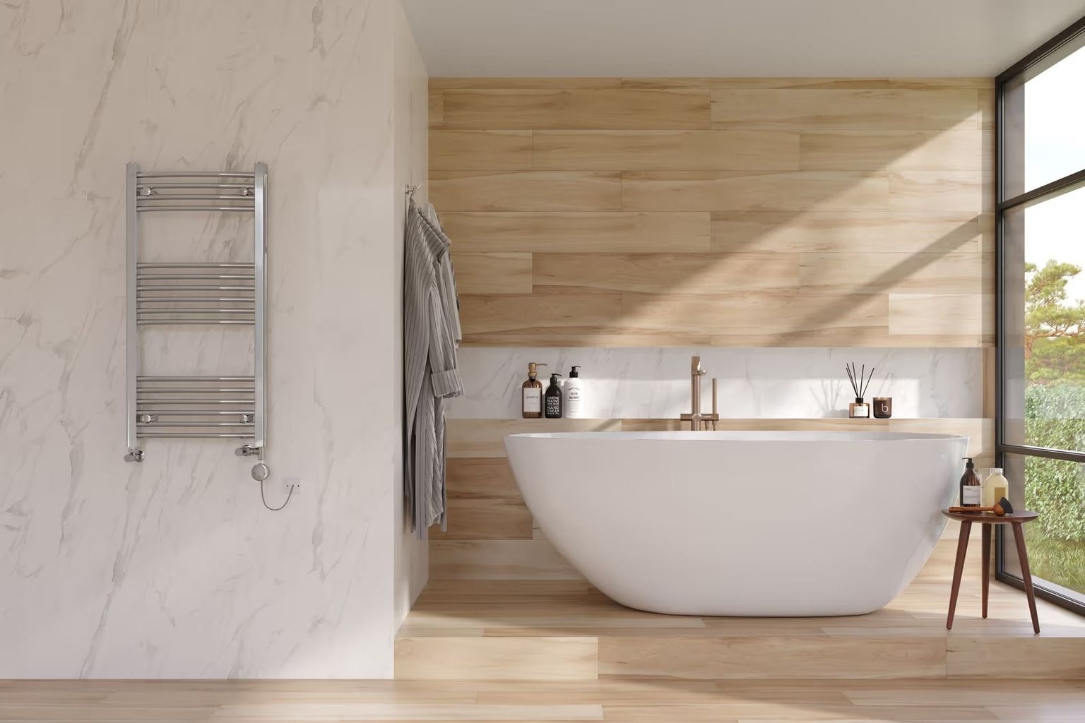 Product render showing a freestanding bathtub with a wall mounted radiator in natural light