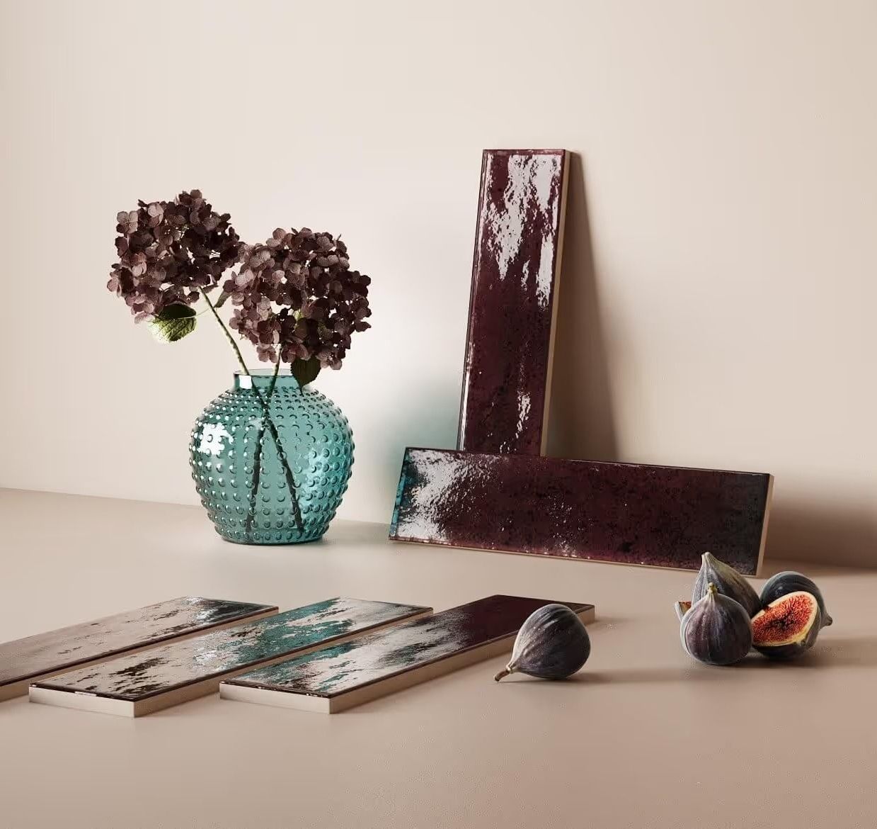 Product rendering showing glossy tile samples to highlight reflective finish, sheen variation, and surface gloss