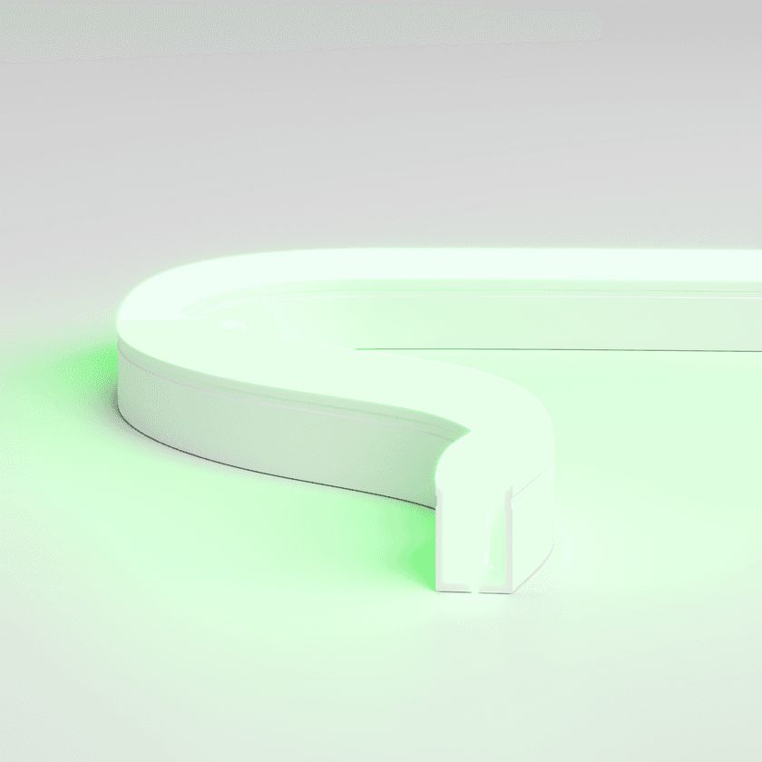 Product visualization showing a curved LED lighting strip with softer intensity to demonstrate beam spread and even light distribution