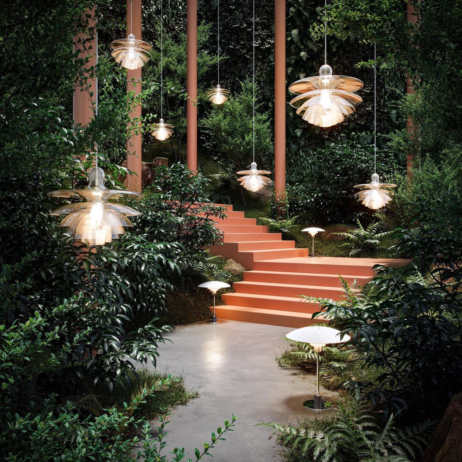 Product 3D render showing outdoor lighting fixtures to demonstrate material finishes and surface interaction with light