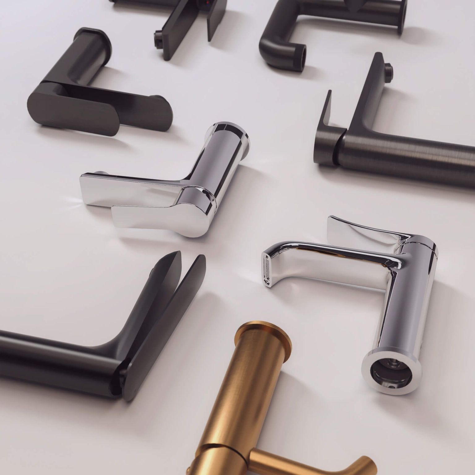 3D product rendering showcasing stylish faucet designs in various finishes, highlighting photorealistic visualization and CGI rendering techniques.