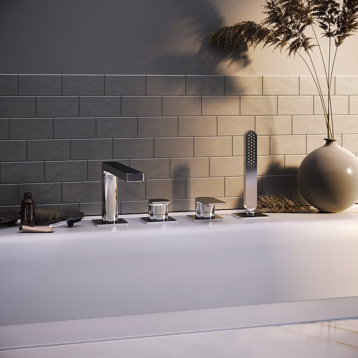 First-class 3D rendering of stylish bathroom fixtures showcasing photorealistic visualization and product modeling.