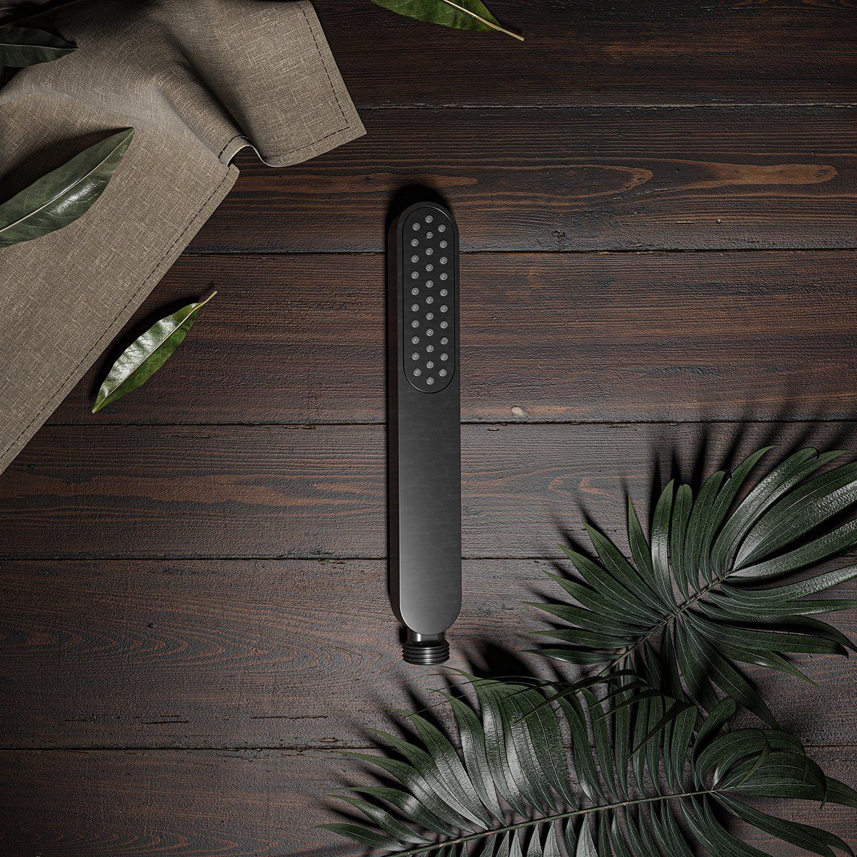 High-quality 3D product rendering of a sleek modern shower head on a wooden surface, showcasing realistic furniture rendering and photorealistic visualization.