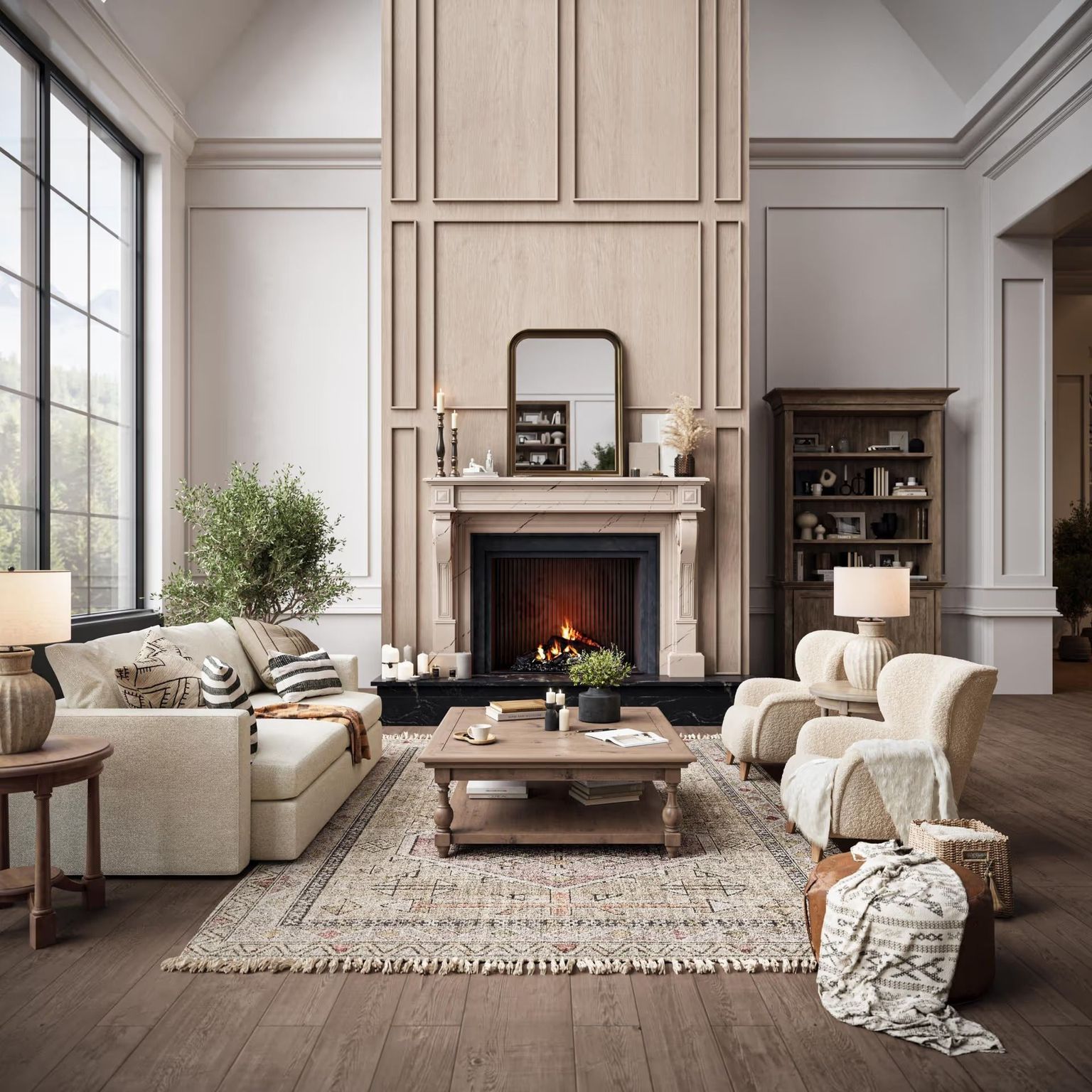 3D Visualization for armchairs and sofa in a beige living room with a fireplace