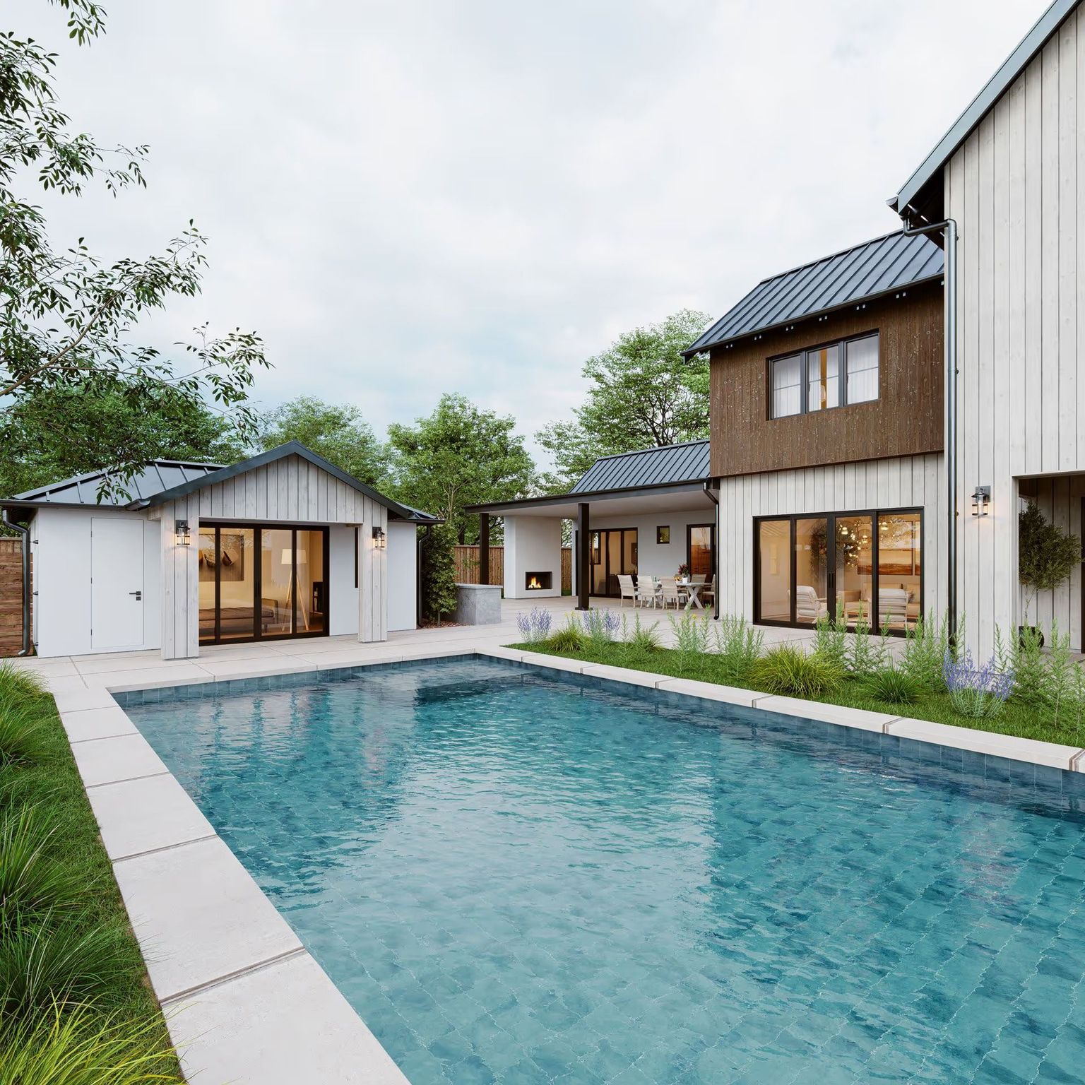  3D rendering showing swimming pool tiles beneath rippling water to highlight tile pattern, light refraction, and water movement
