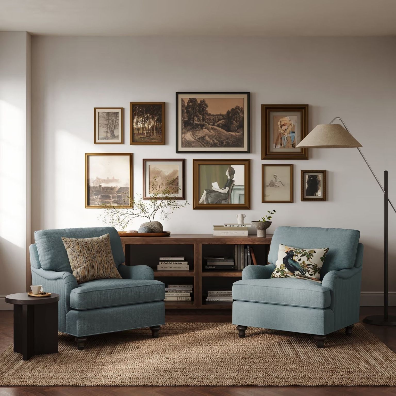 Product render showing upholstered armchairs arranged in a styled living room interior