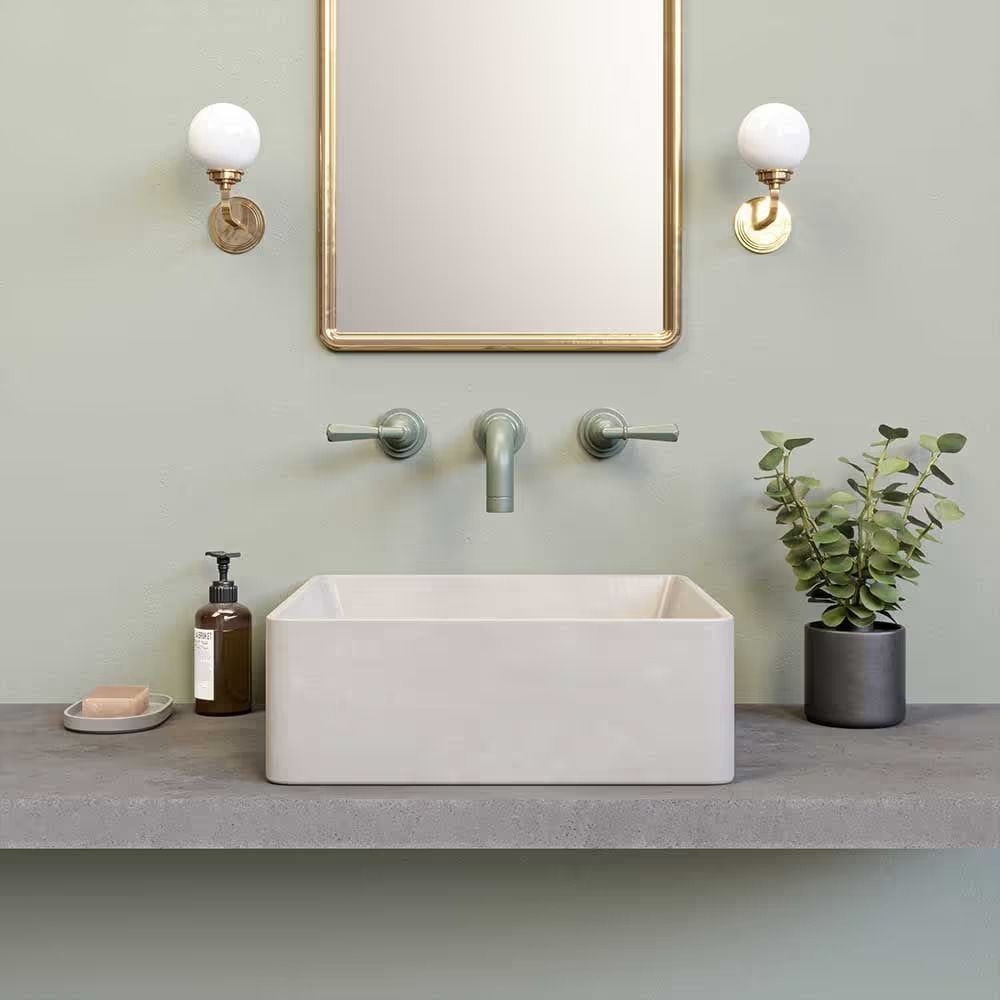 White countertop washbasin with wall mounted fixtures in a minimal bathroom product render