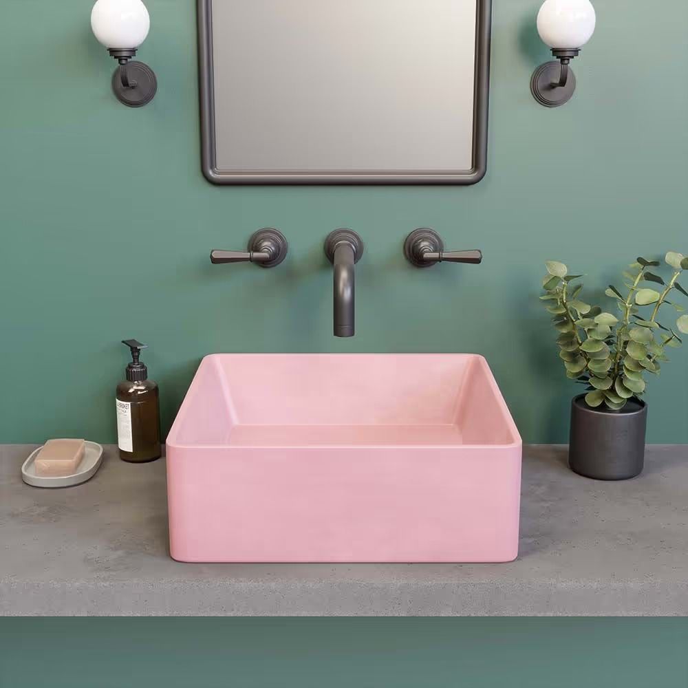 Pink countertop washbasin in a styled bathroom interior, shown as a realistic product render