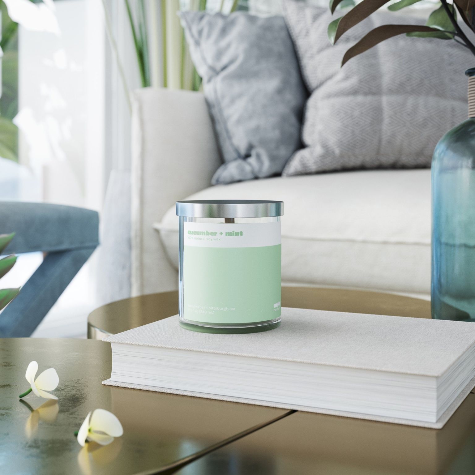 3D lifestyle visualization featuring a cucumber mint candle on a table, showcasing photorealistic rendering and 3D interior design.