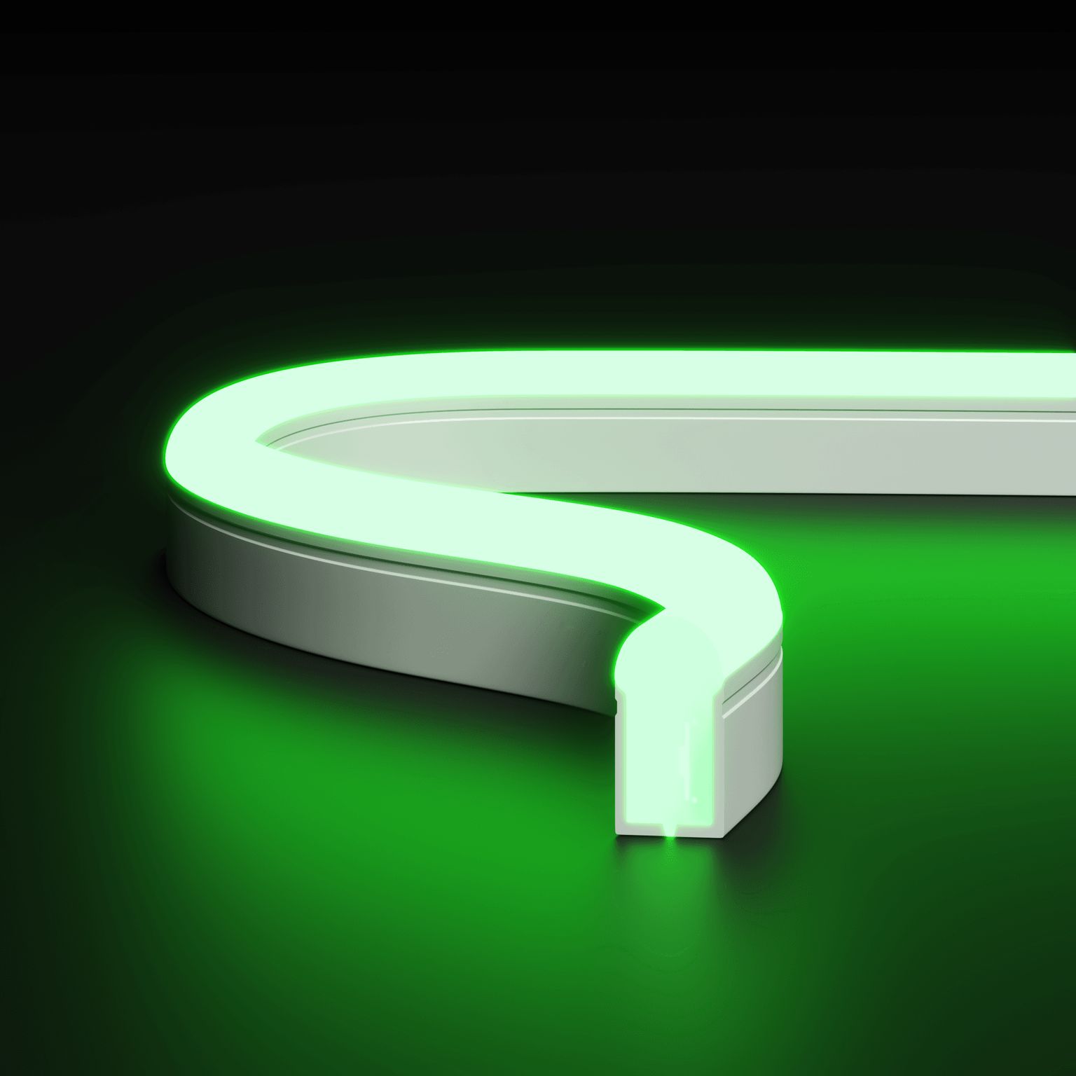 Product visualization showing a curved LED lighting strip with high intensity output to show beam angle and light distribution