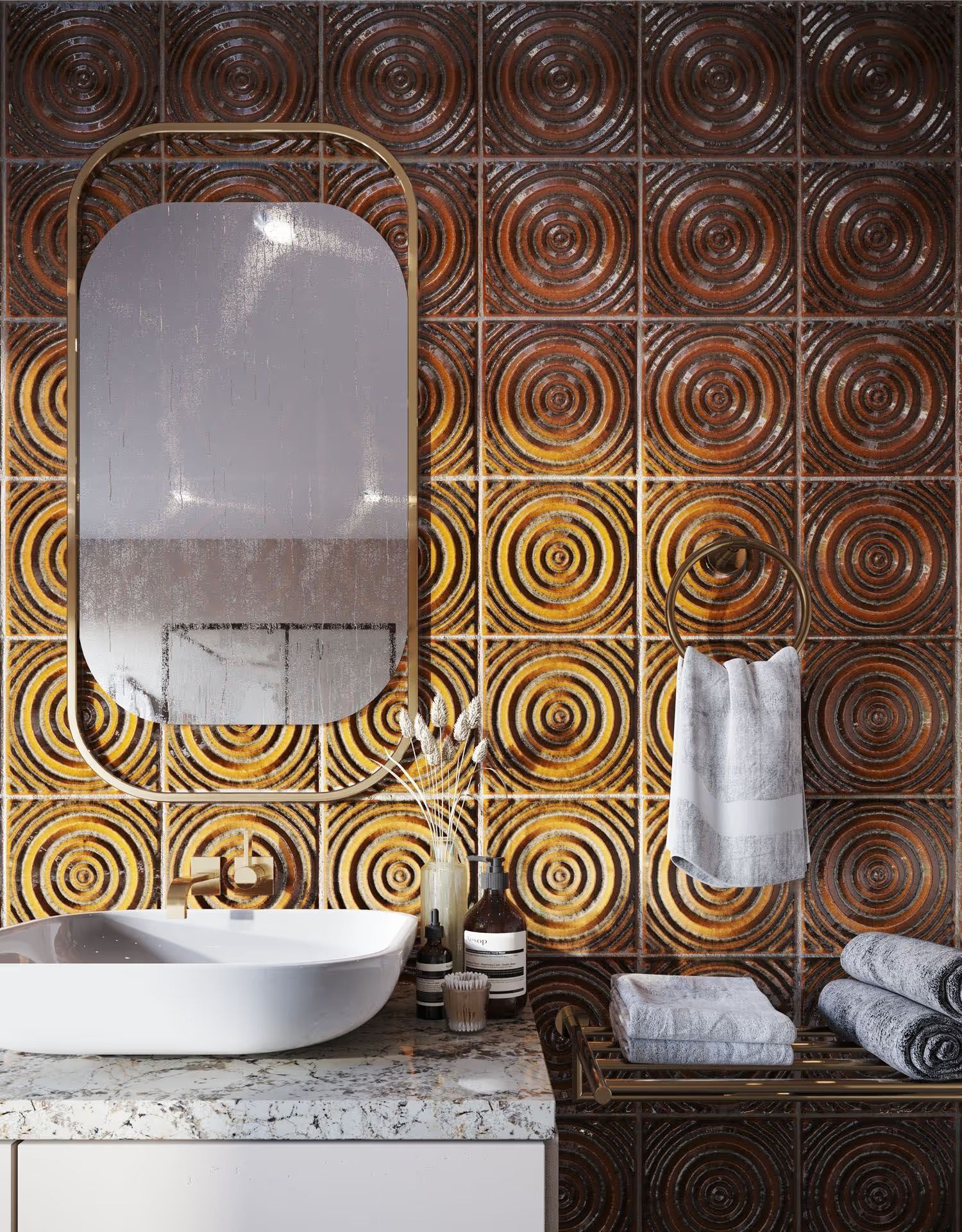 Product rendering showing repeating circular tile patterns to demonstrate texture scale and visual rhythm on wall surfaces