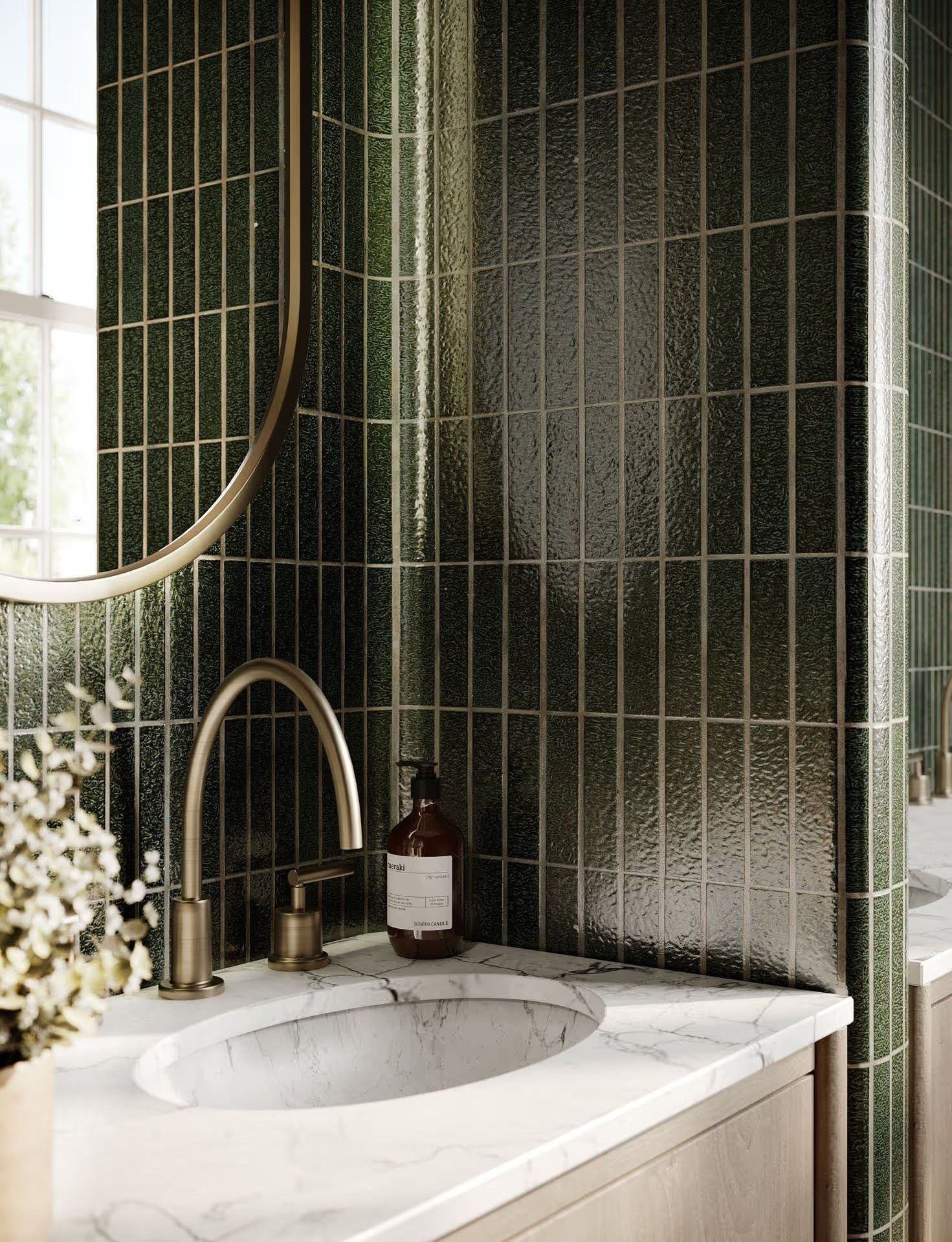 Product rendering showing vertical tile pattern repetition and surface scale in a bathroom setting