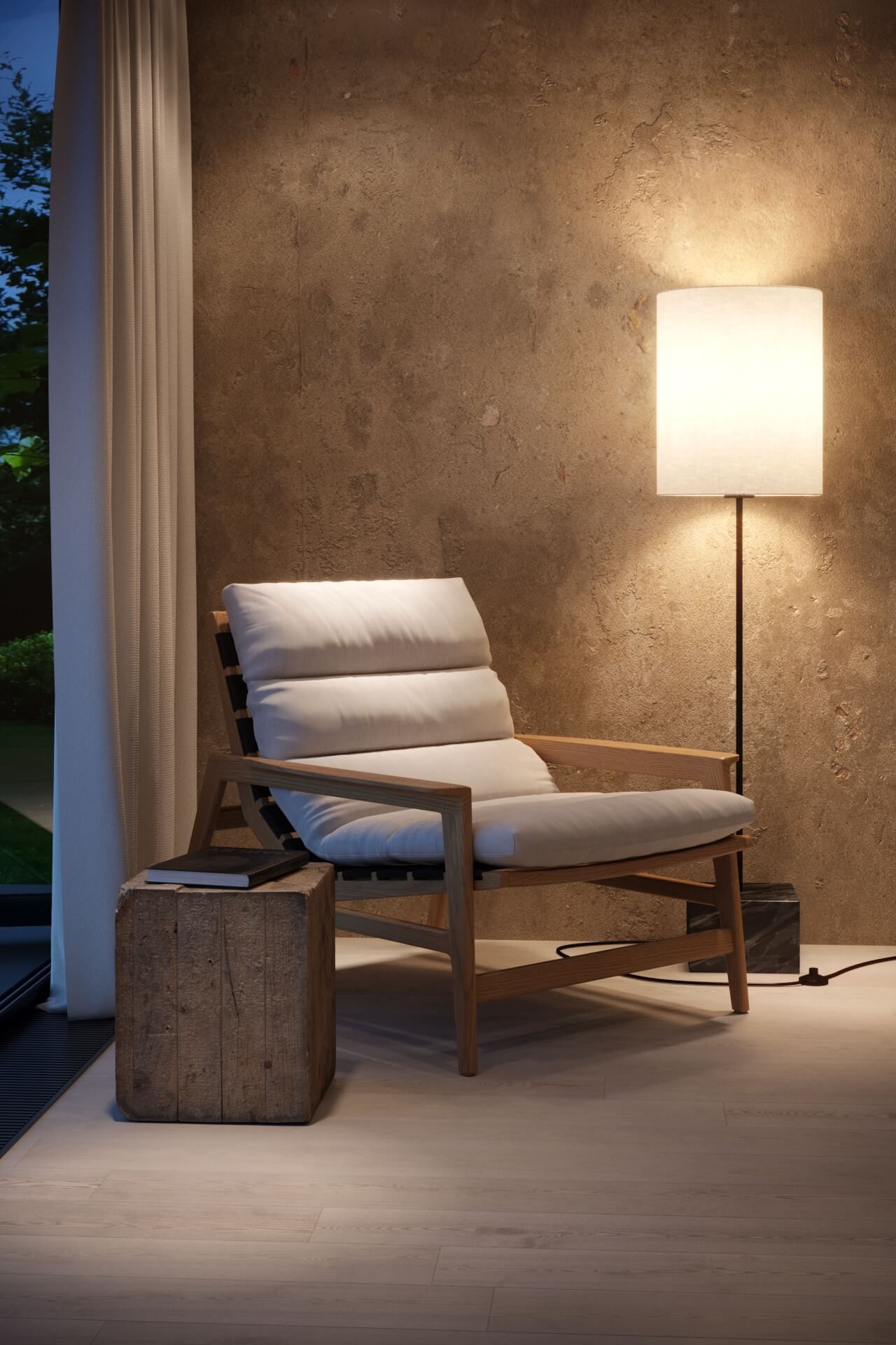 3D Model of a White Chair in Nighttime Lifestyle Rendering