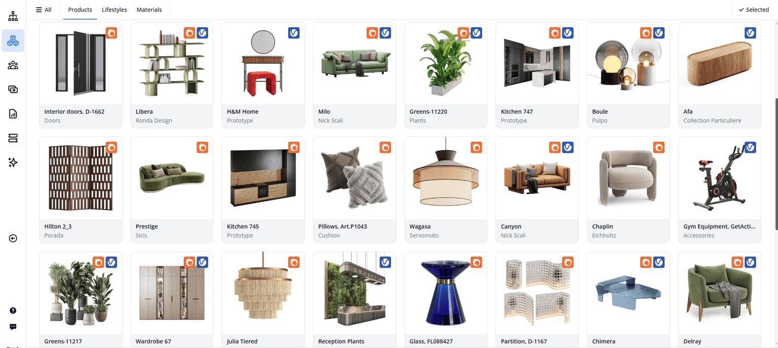 Product 3D visualization library with ready scene assets like décor, lighting, and accessories