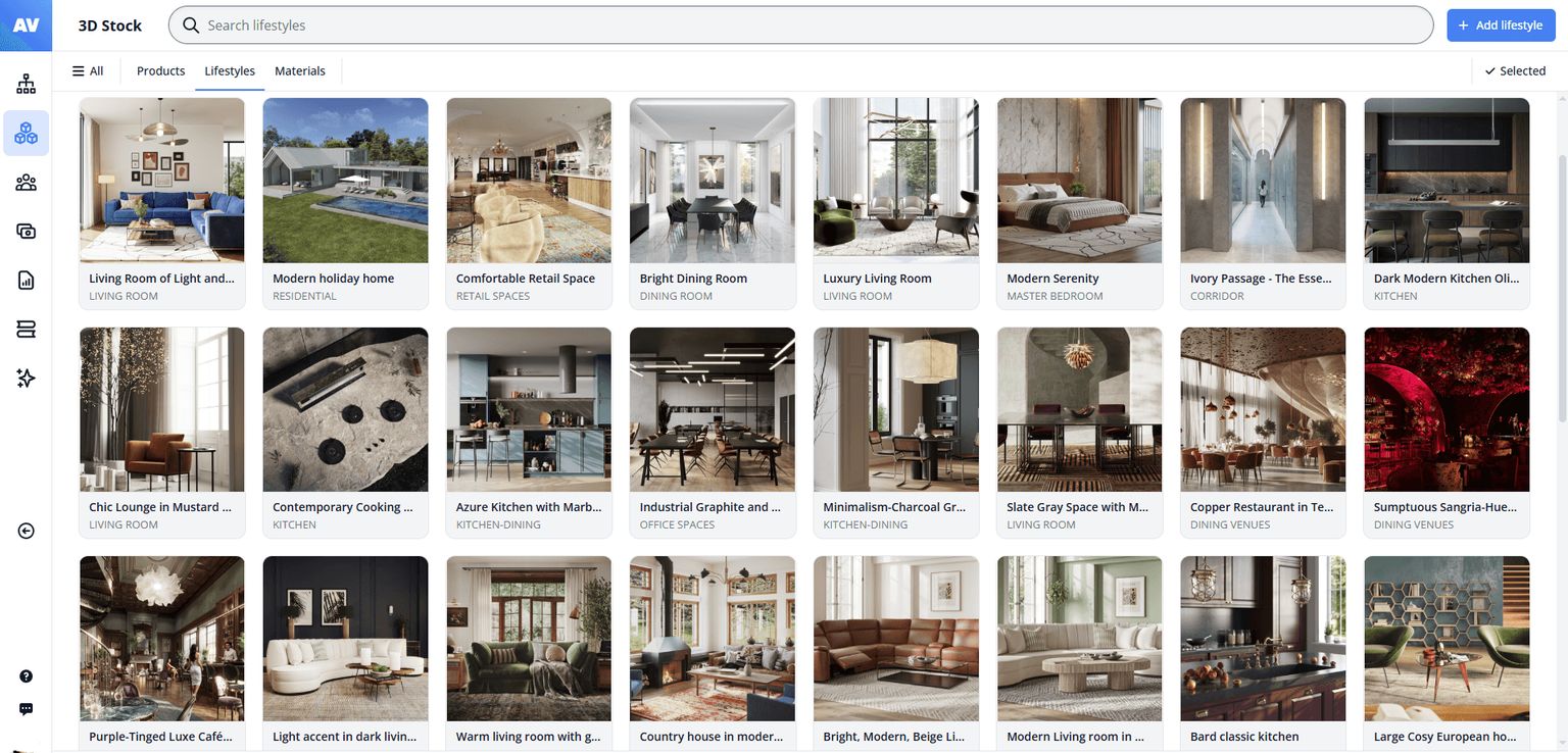 Product 3D visualization library with ready interior scene templates