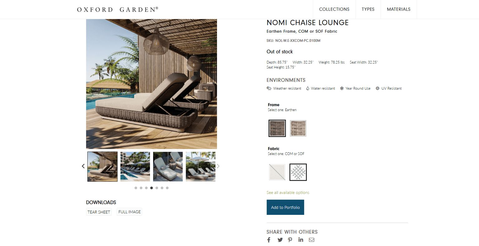 Outdoor chaise lounge product page with lifestyle imagery and finish options, supported by product 3D rendering.