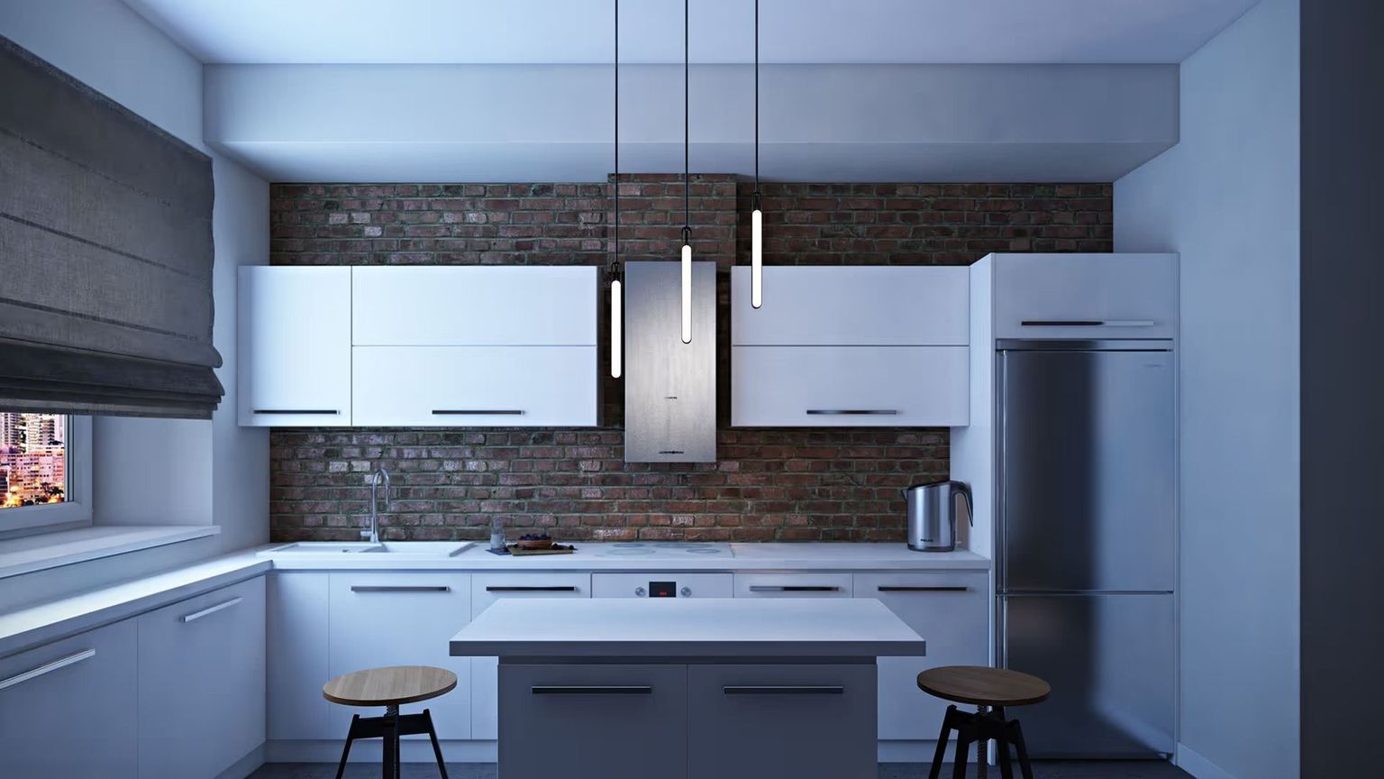 Product render showing pendant lighting fixtures shaping the kitchen interior through focused light, contrast, and ambient balance