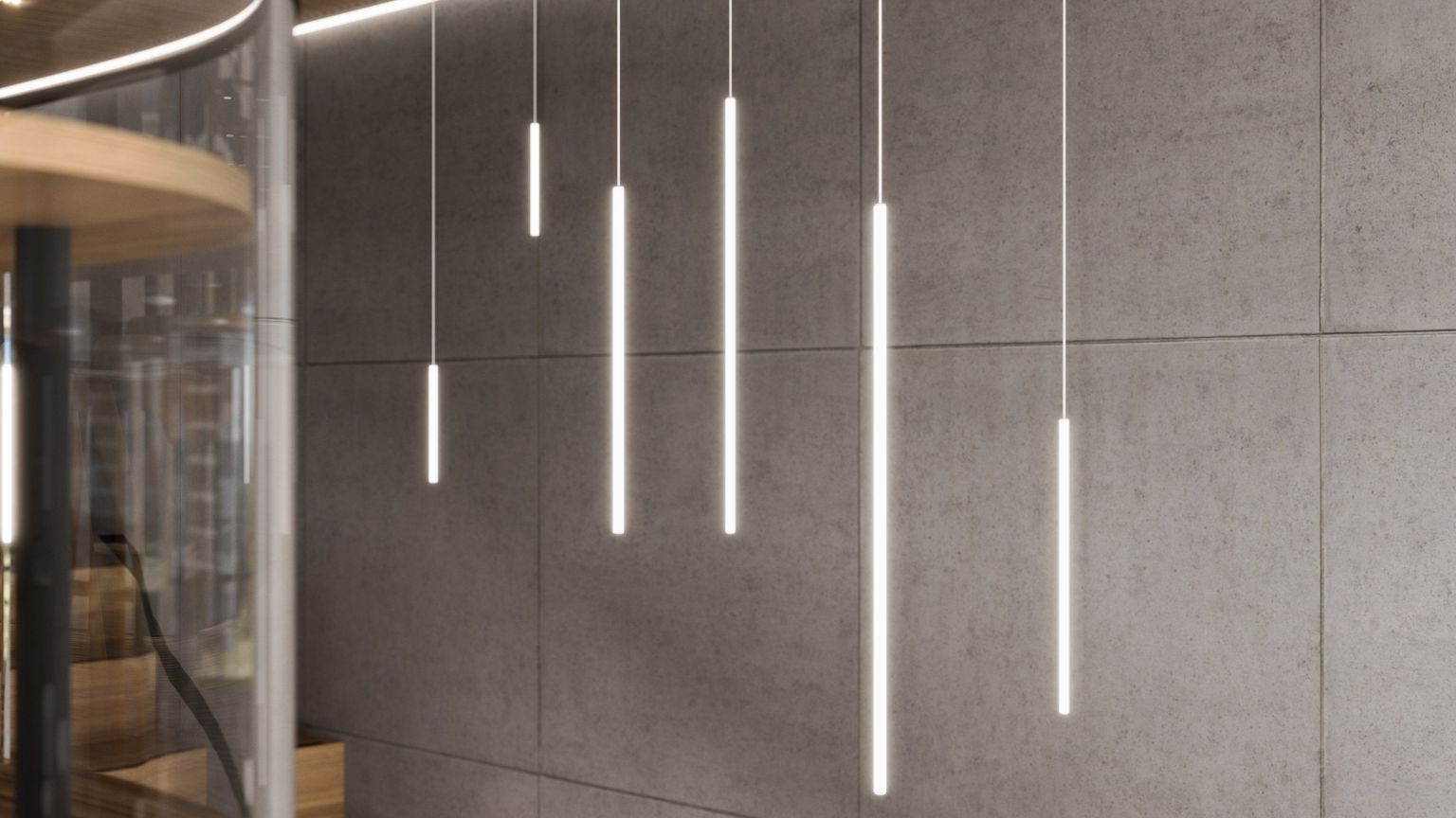 Product 3D visualization for lighting showing vertical pendant fixtures suspended against a concrete wall in a modern interior