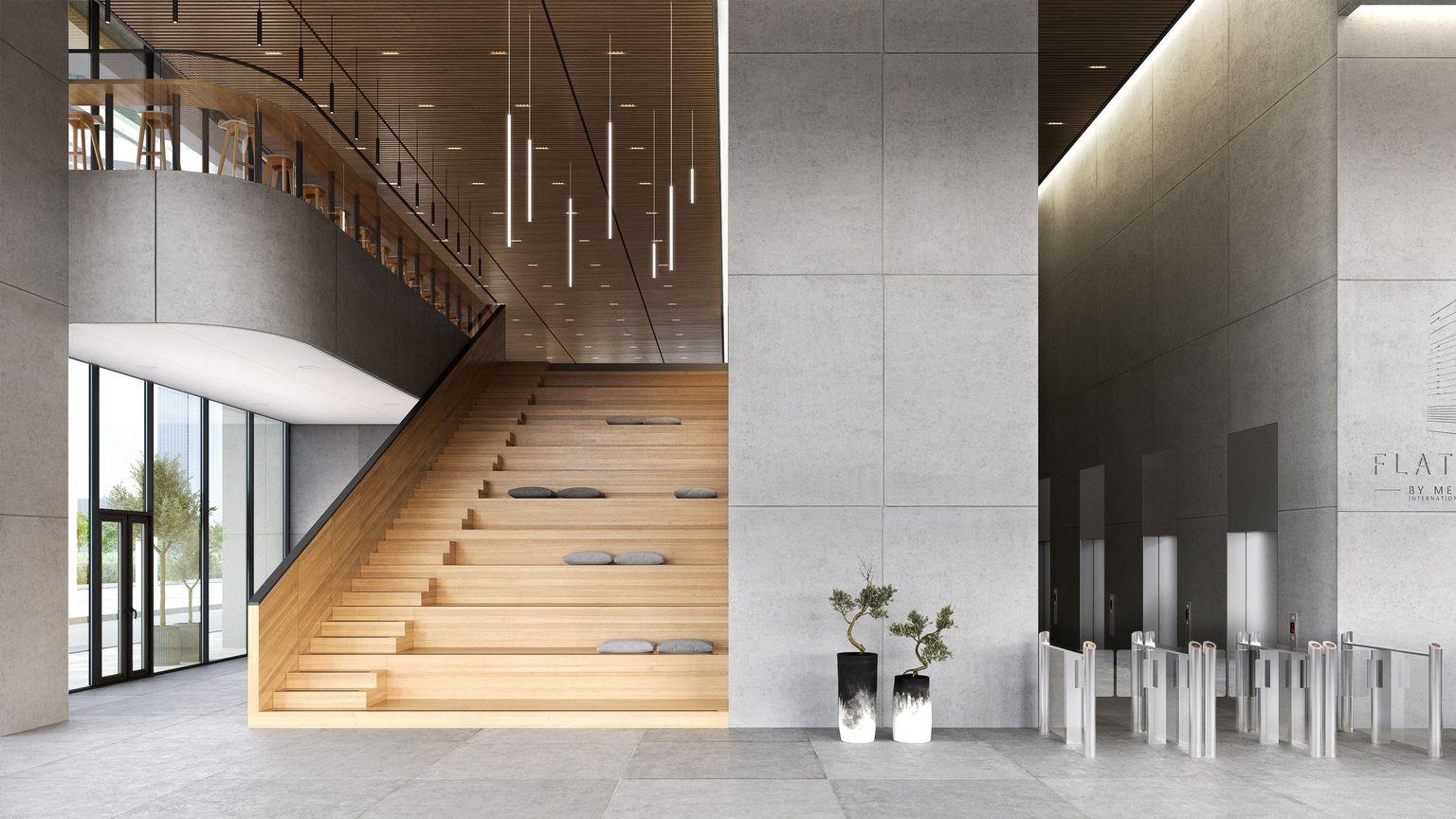 3D rendering for pendant lighting fixtures above a wooden staircase in a modern commercial lobby