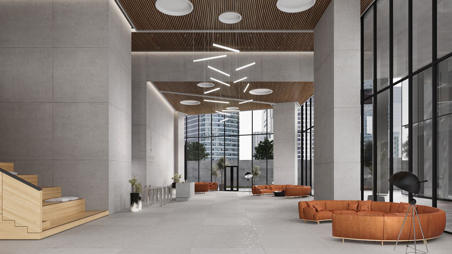 Product 3D visualization for linear lighting fixtures in a modern lobby with high ceilings and seating