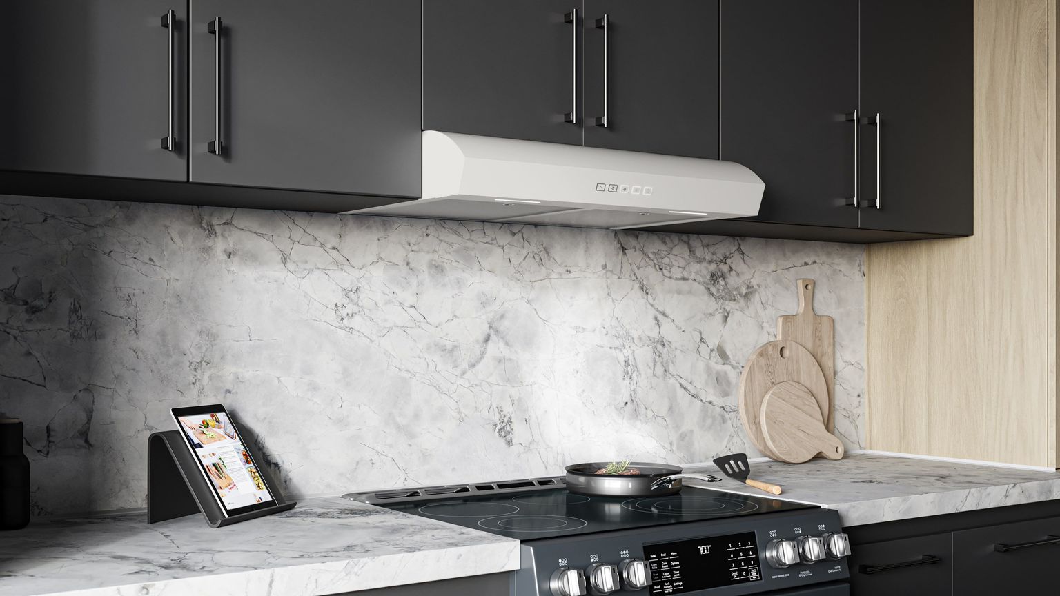 Black Kitchen Lifestyle Rendering for a Range Hood: Close Up