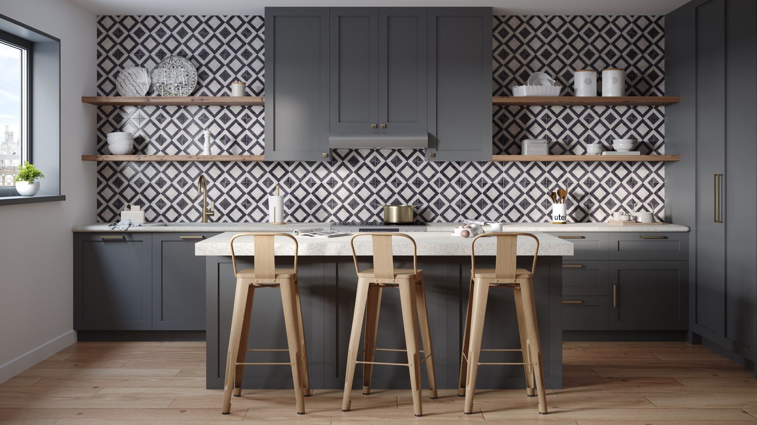 Black Kitchen Lifestyle Rendering for a Range Hood