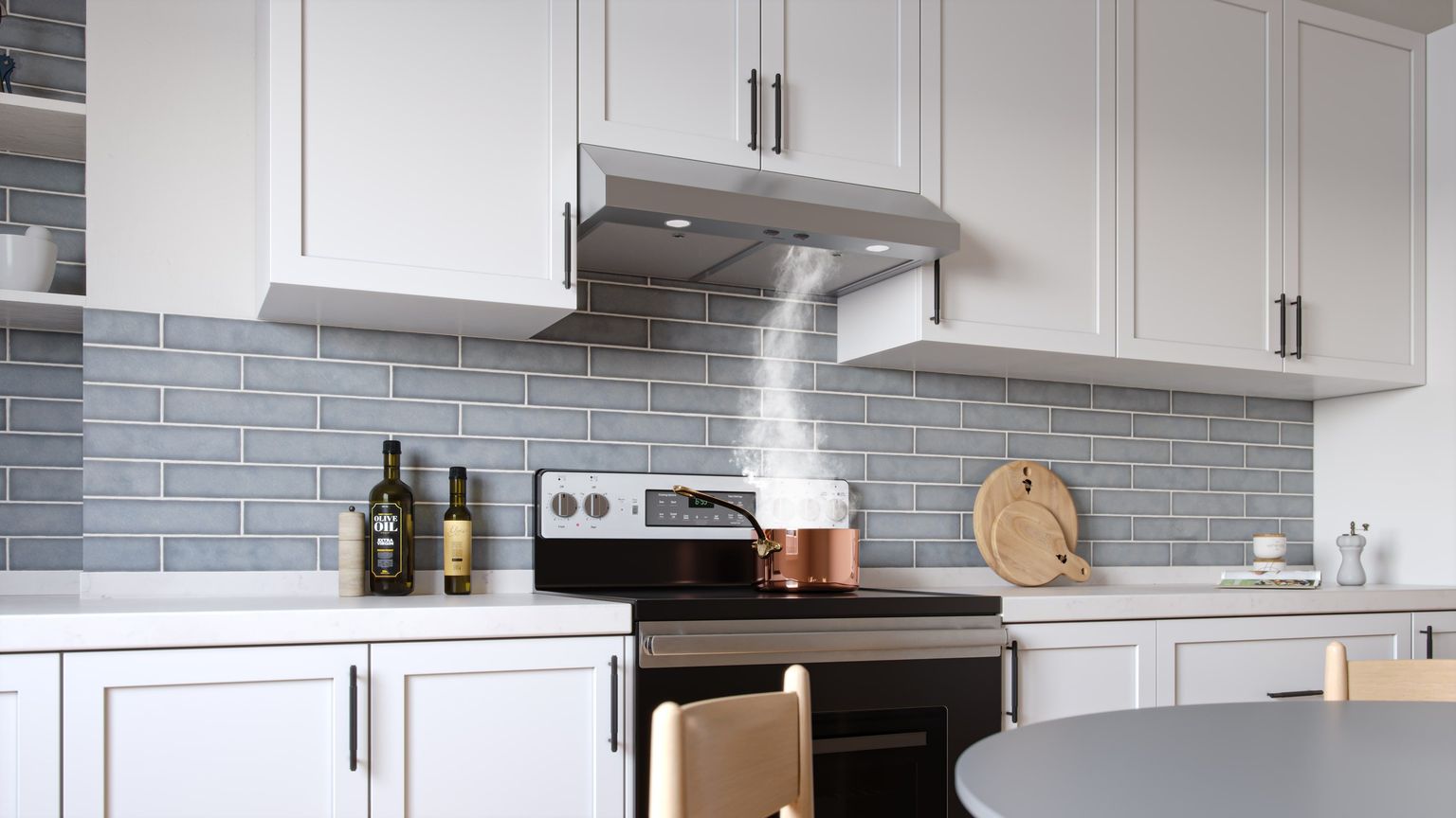 White Kitchen Lifestyle Rendering for a Range Hood: Close Up
