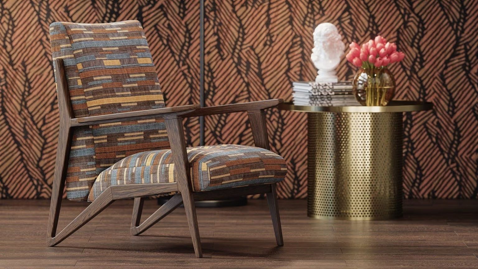 3D Visualization for an Armchair in a Scene with a Cofee Table with a Statue and Flowers