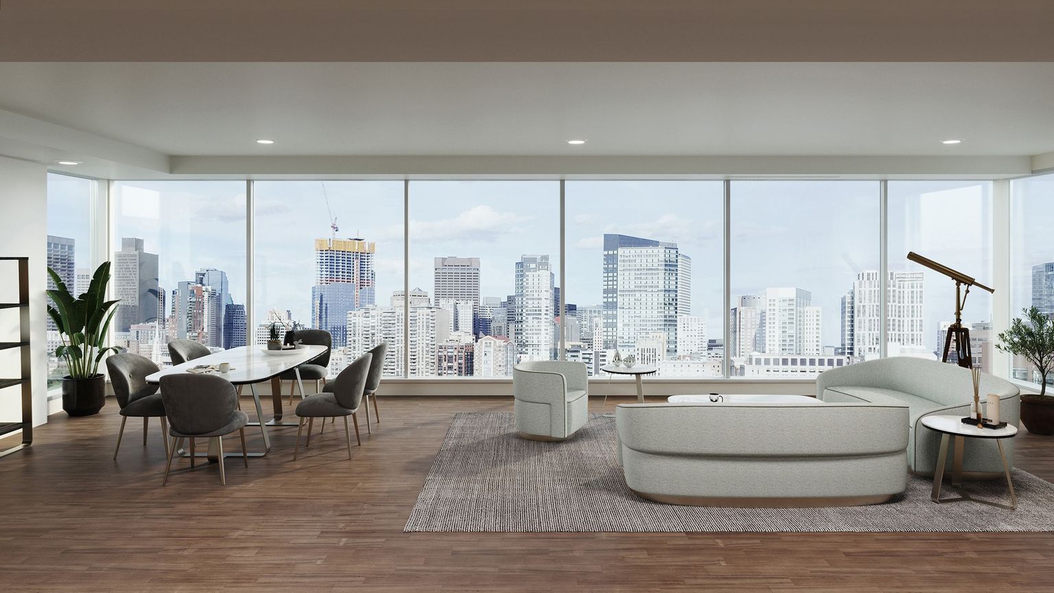 3D interior rendering showcasing modern furniture, city view, and realistic 3D furniture modeling