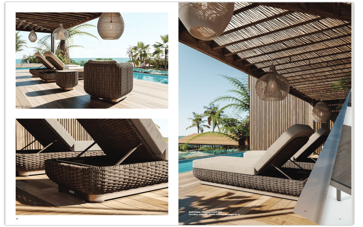 Furniture catalog spread with multiple lifestyle angles and close-ups, showing product 3D rendering for an outdoor lounge set.