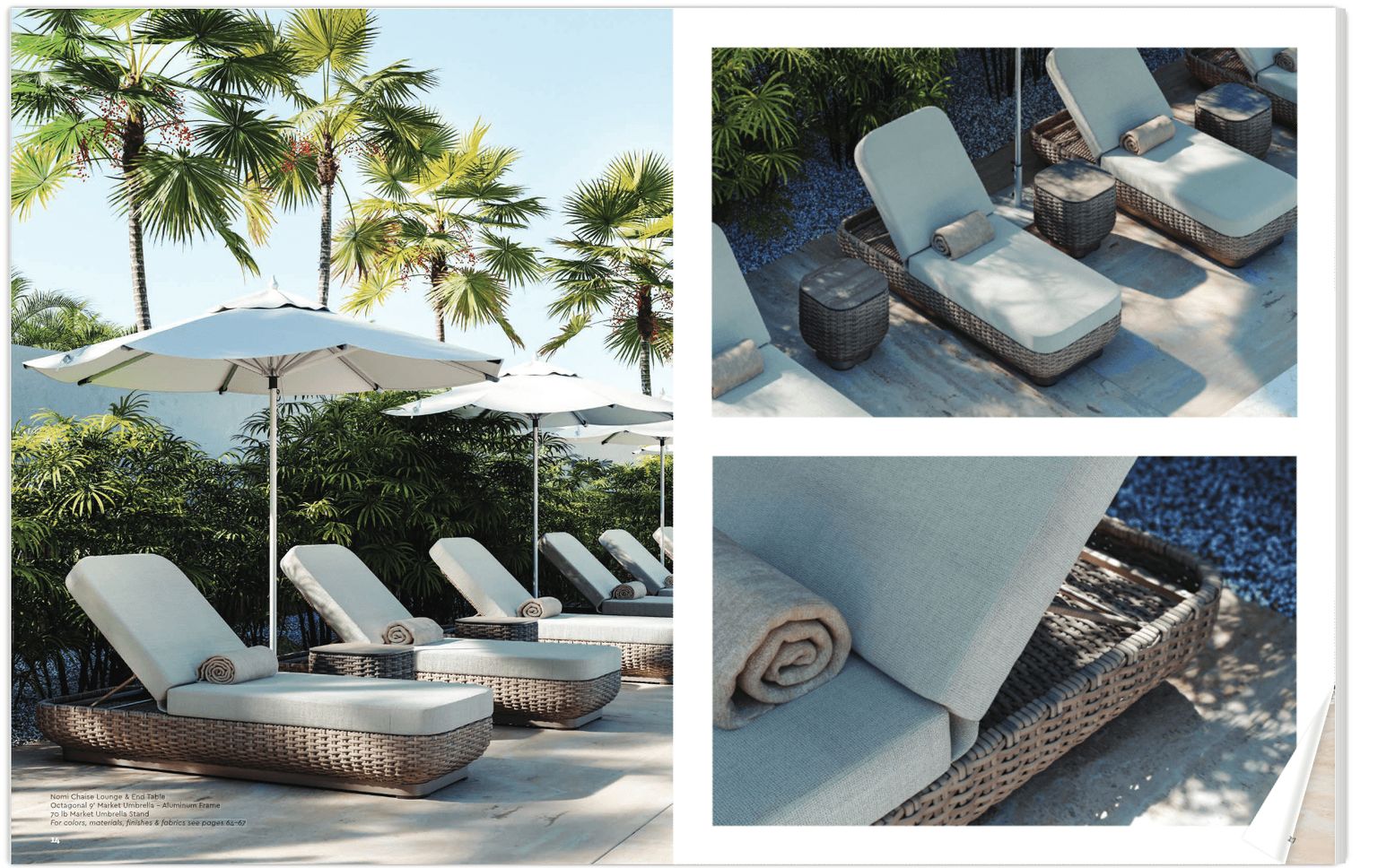 Furniture catalog spread featuring outdoor chaise lounge scenes created with product 3D rendering for consistent marketing visuals.