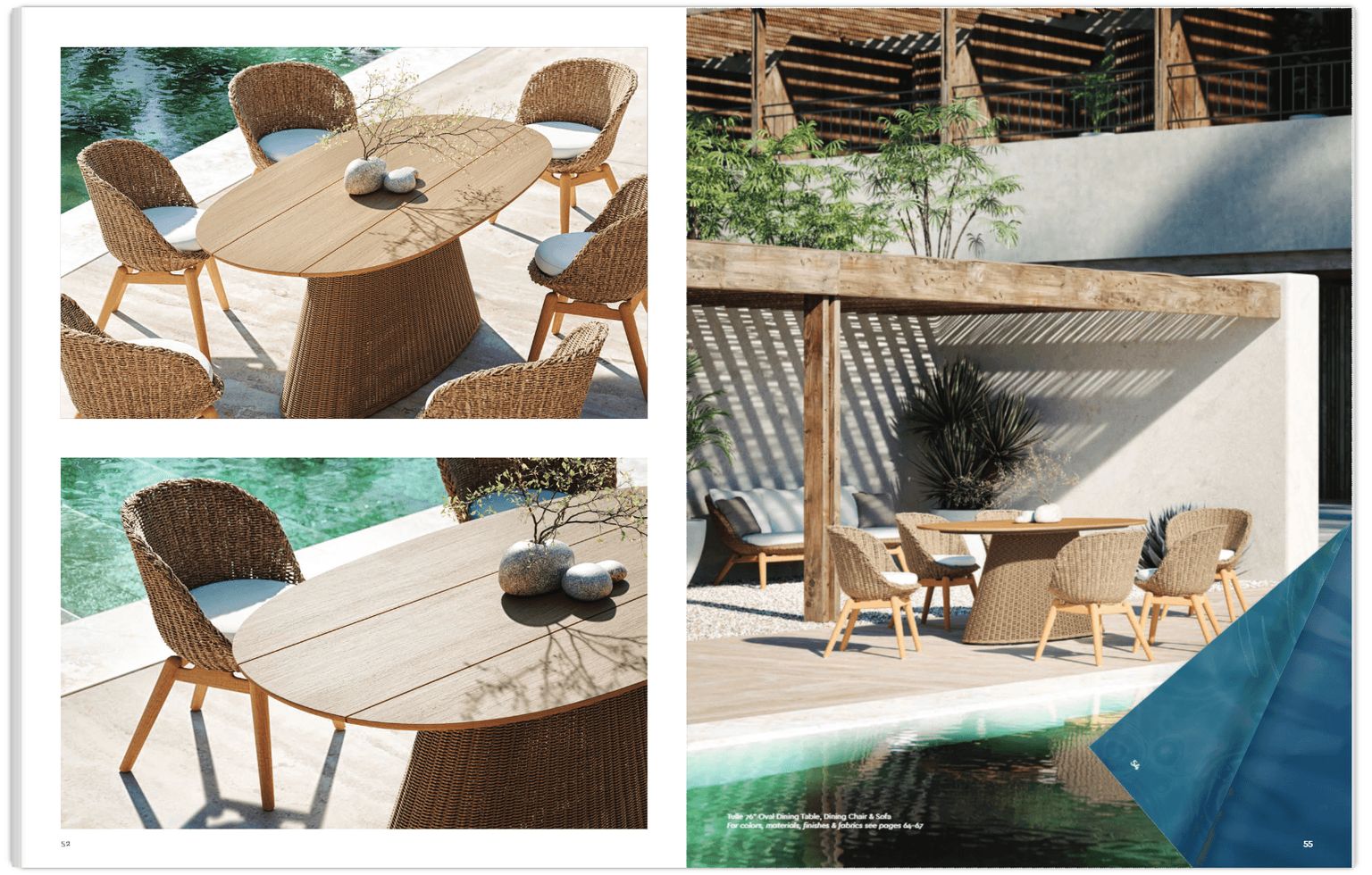 Lifestyle 3D render of an outdoor dining table set by a pool, shown in a furniture catalog layout
