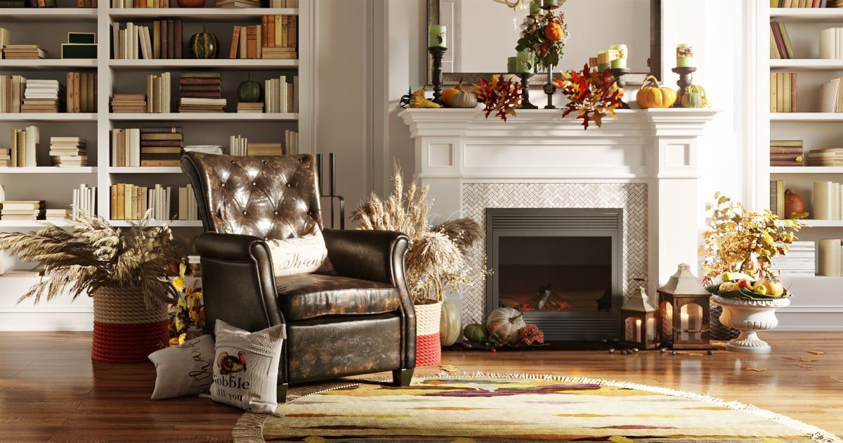 3D lifestyle visualization showcasing a cozy living room with a leather armchair, fireplace, and autumn decor, highlighting realistic house fittings rendering and 3D interior visualization.