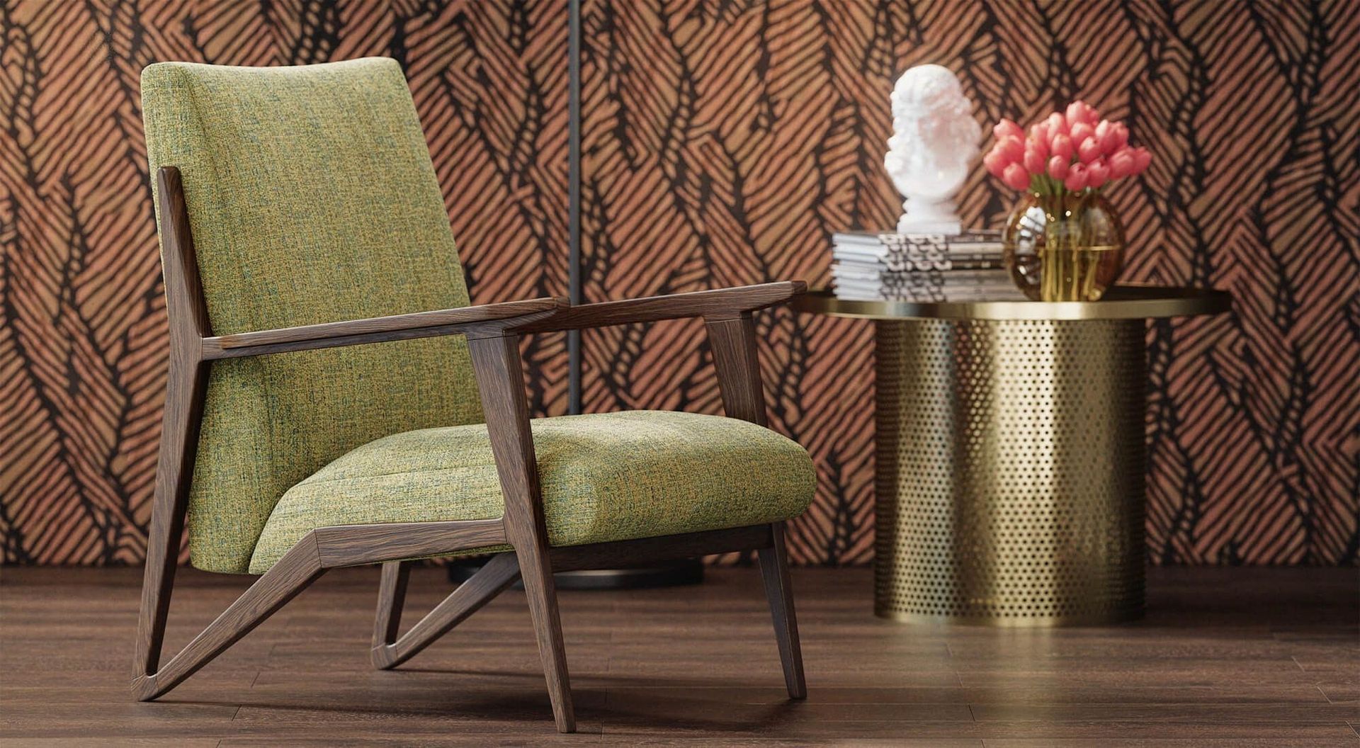 Photorealistic 3D rendering of a modern chair with wooden frame, showcasing 3D furniture modeling and interior visualization