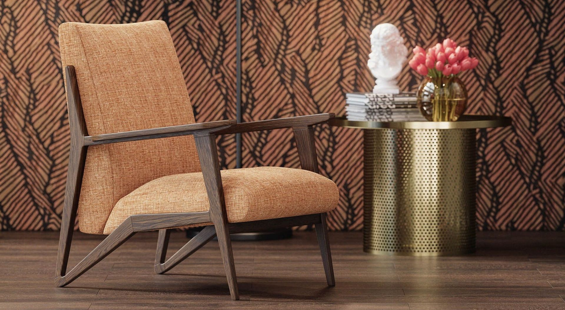 3D furniture modeling and rendering showcasing a modern chair with realistic textures and interior visualization