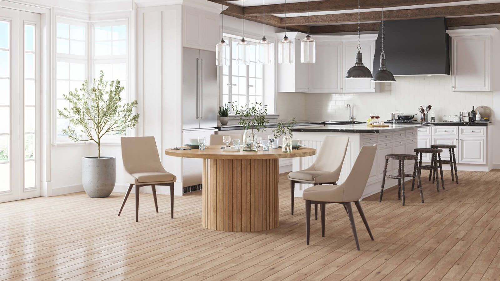 High-quality 3D interior rendering showcasing a modern kitchen with bespoke 3D furniture modeling and realistic furniture rendering.