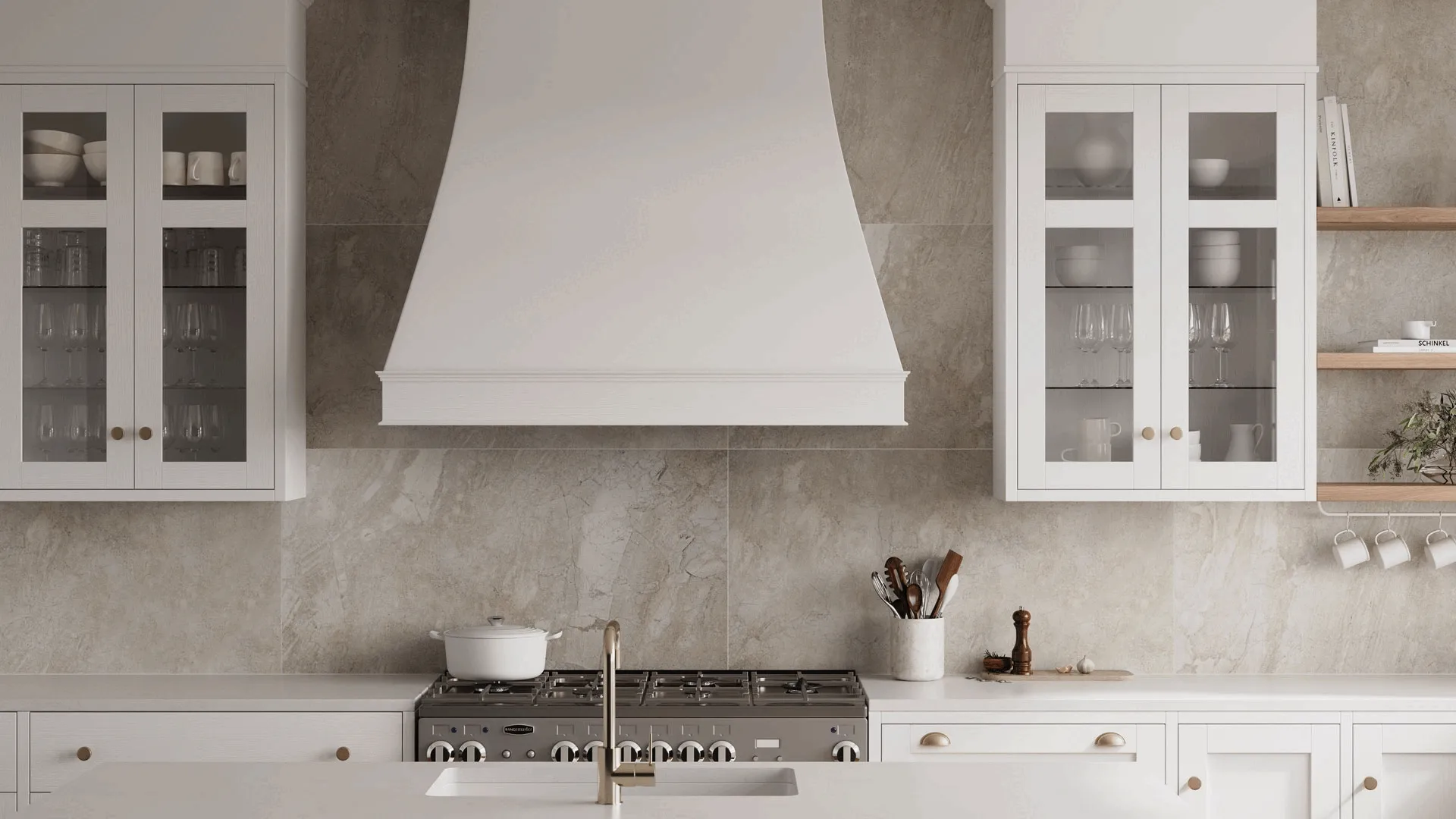 3D Rendering showing animated transitions between marble vinyl tile colors on a kitchen backsplash