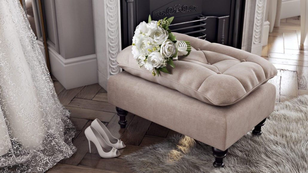 3D furniture modeling and rendering showcasing a luxurious interior with a tufted ottoman, high-quality 3D visualization