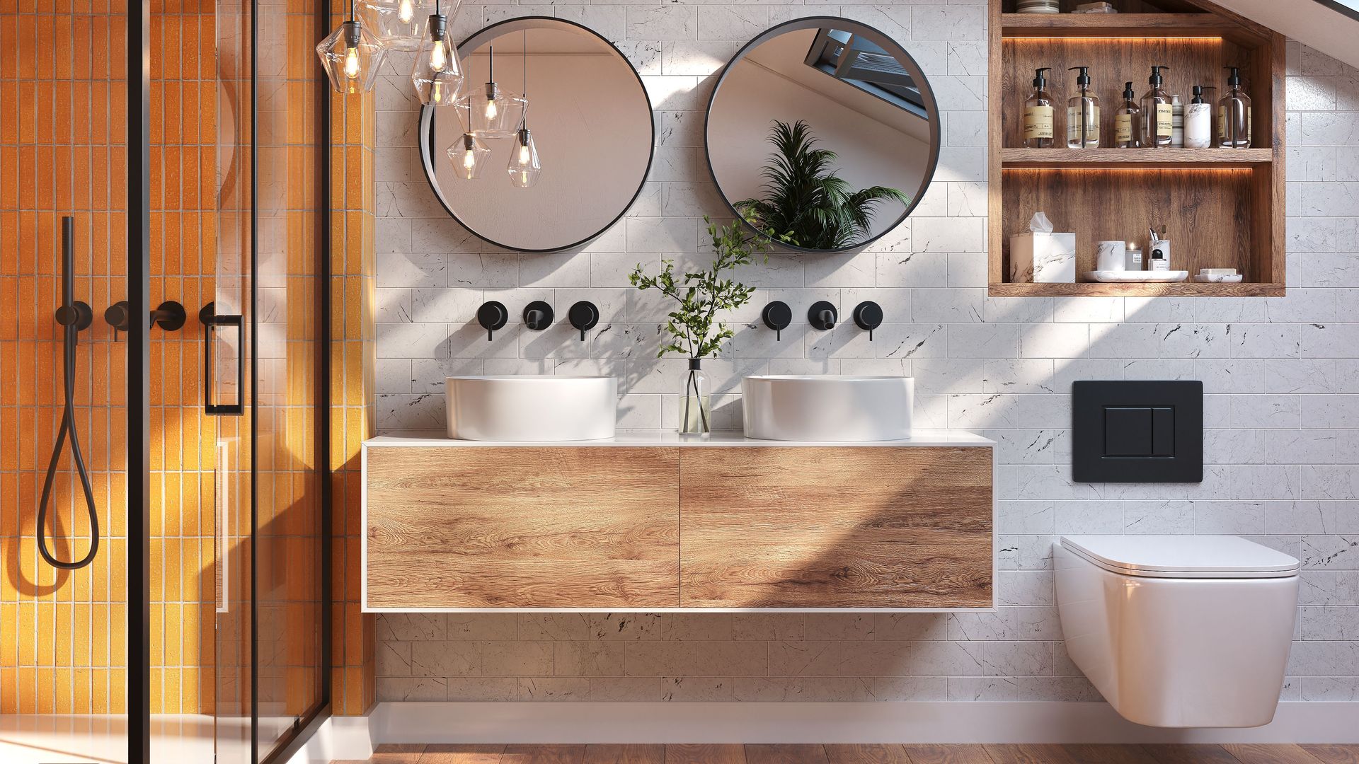 Lifestyle 3D Rendering of Bathroom Storage Solutions