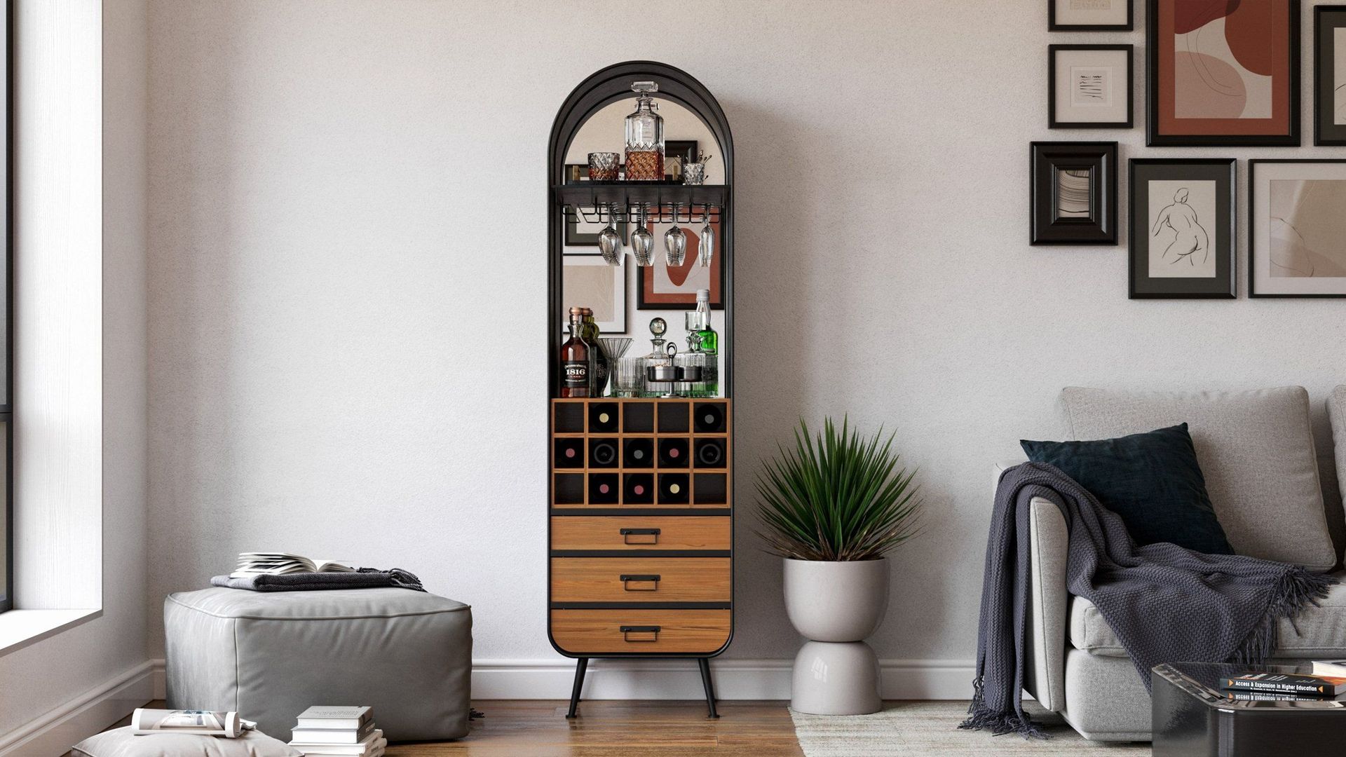 3D furniture modeling and rendering showcasing a modern interior with a stylish cabinet and decor, highlighting 3D visualization and photorealistic rendering.