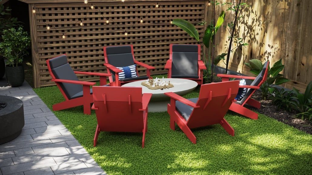 3D furniture modeling and rendering of a red outdoor patio set with chairs and table, showcasing 3D lifestyle visualization and realistic furniture rendering.