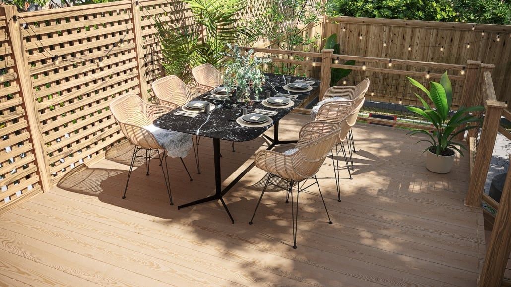 3D furniture modeling and rendering of an outdoor dining set, showcasing photorealistic visualization and high-quality 3D scene.