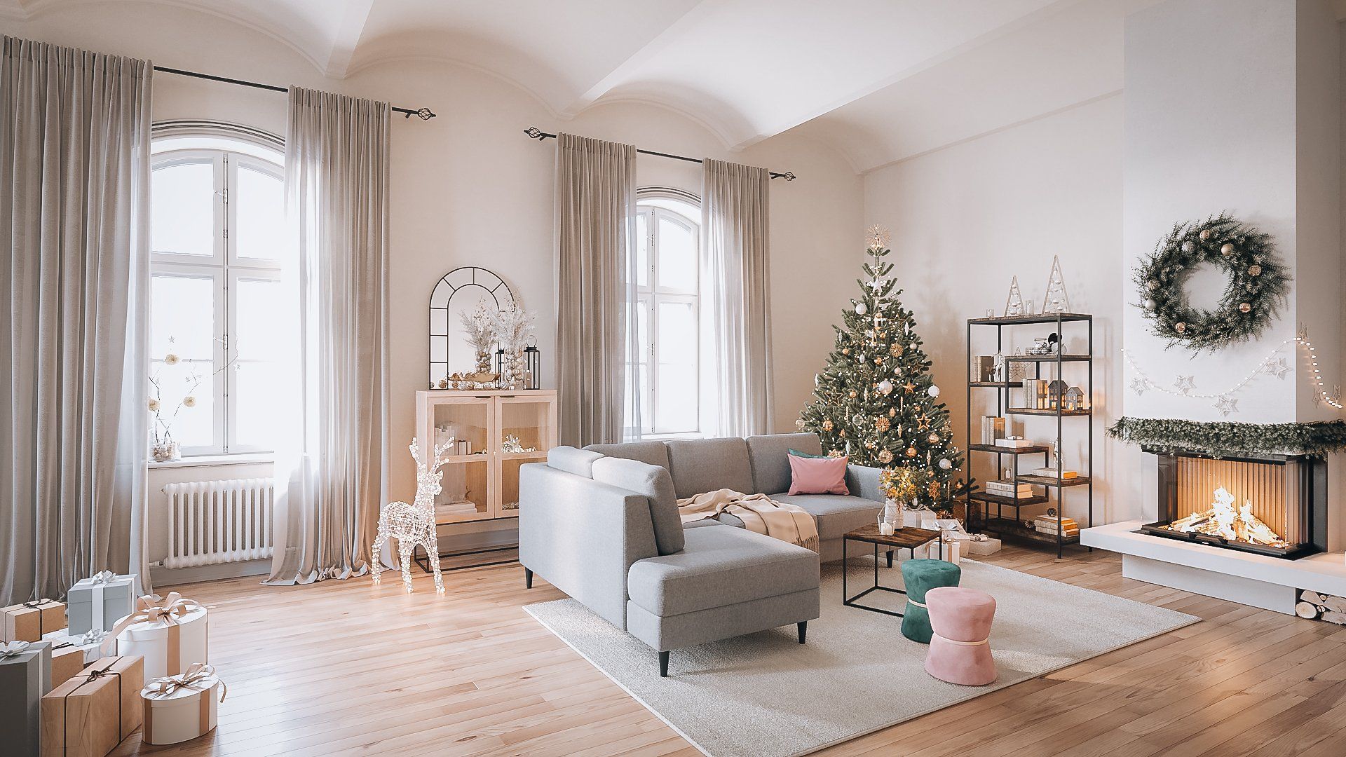 Realistic 3D rendering of a living room featuring a Christmas tree, fireplace, and trendy house fittings, showcasing 3D house fittings modeling and photorealistic visualization.
