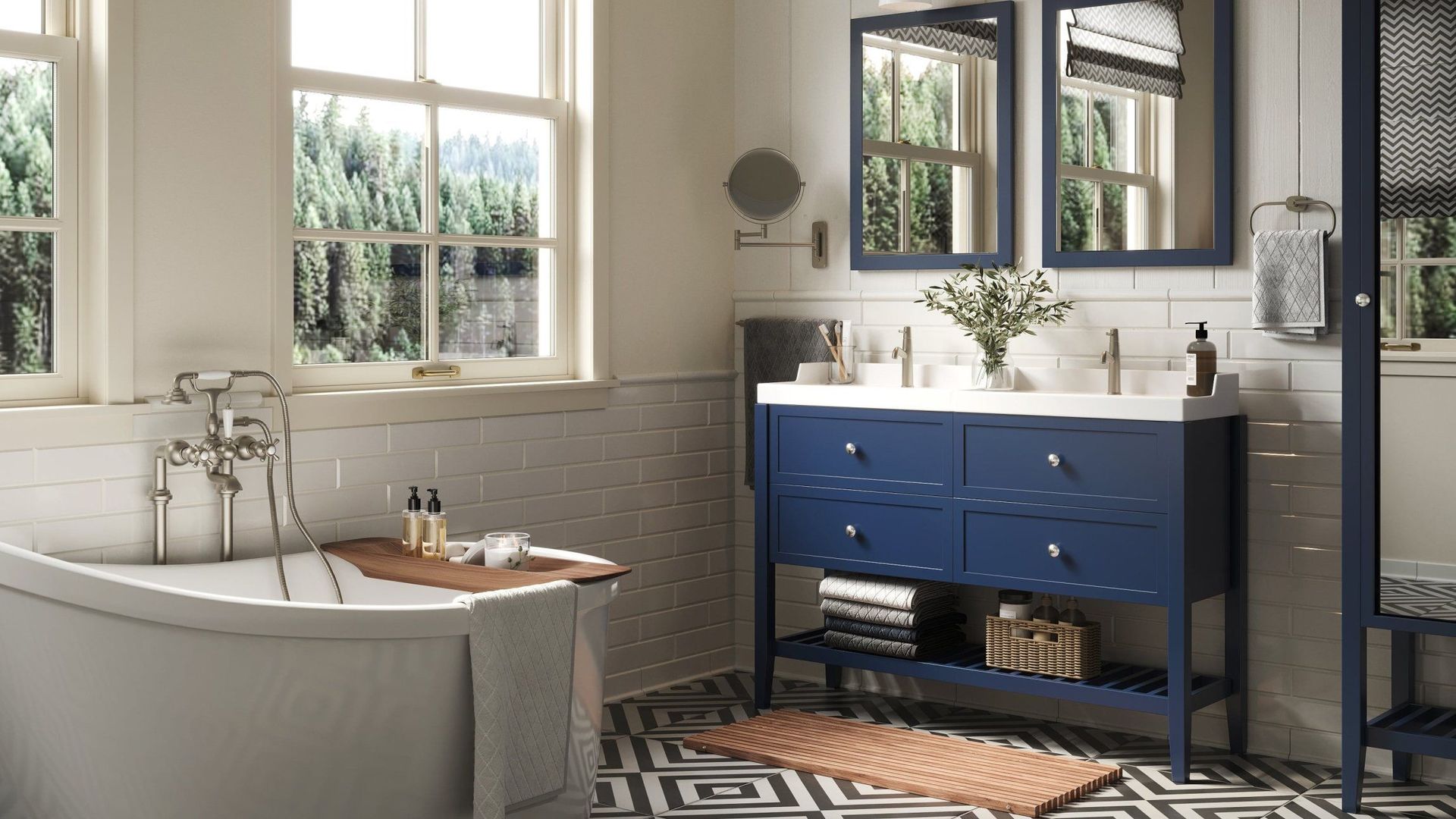 3D interior rendering showcasing a modern bathroom with blue vanity, 3D furniture modeling, and photorealistic visualization