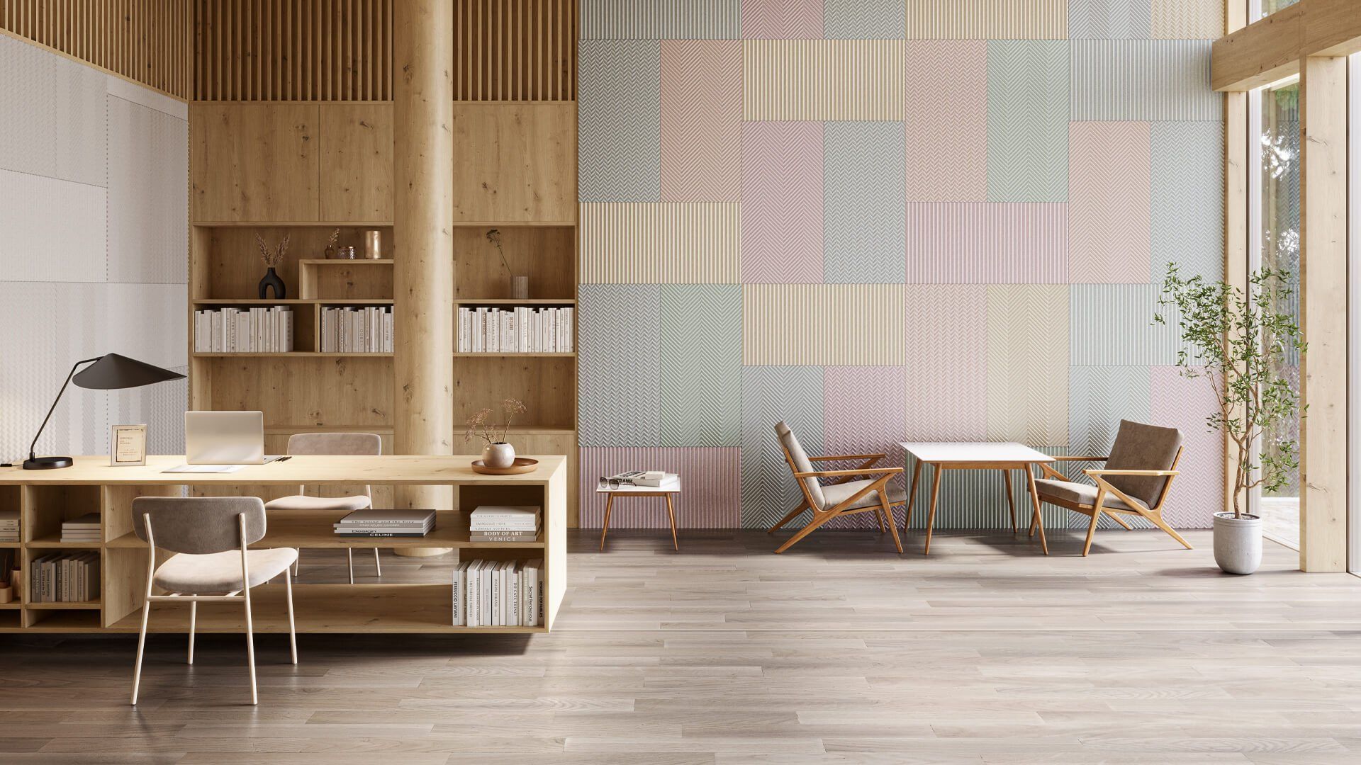 3D rendering of a trendy workspace featuring bespoke house fittings, showcasing 3D house fittings modeling and visualization.