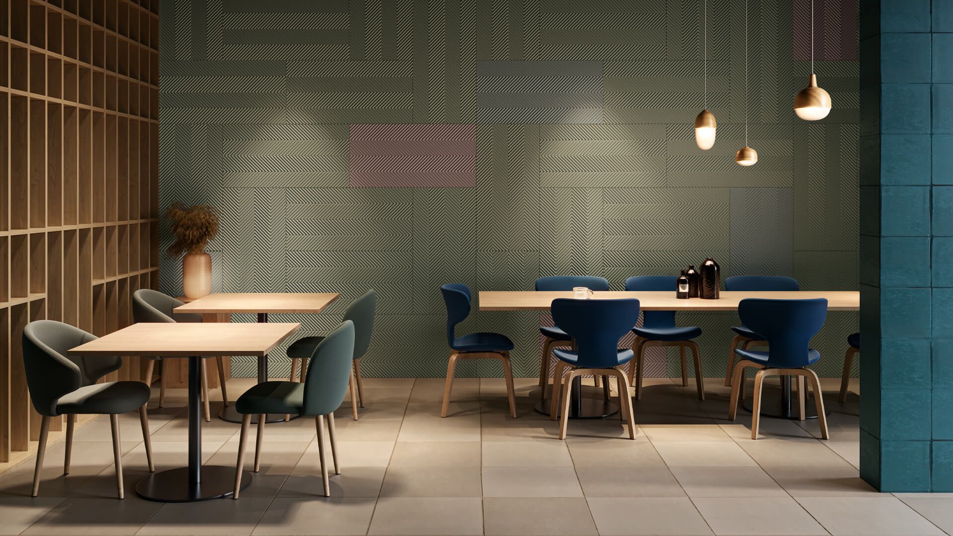 3D house fittings rendering showcasing a trendy interior with tables and chairs, highlighting 3D modeling and rendering techniques.