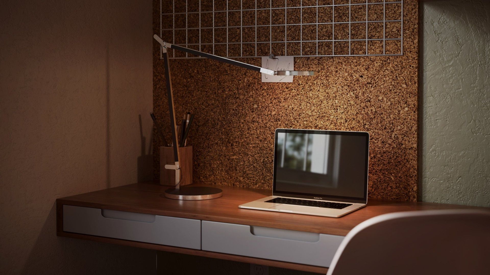 3D furniture modeling and rendering showcasing a modern workspace with a desk, lamp, and laptop, highlighting 3D interior visualization and photorealistic rendering.