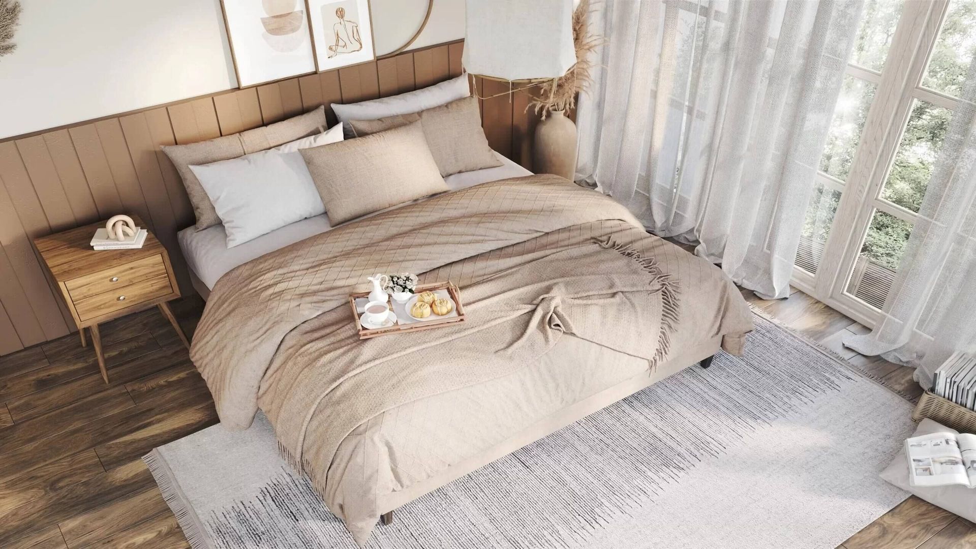 3D interior rendering showcasing a cozy bedroom with realistic furniture, highlighting 3D furniture modeling and photorealistic visualization.